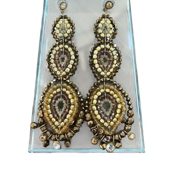 Gold and Brown Crystal and Glass Bead Dangling Earrings - Picture 1 of 1